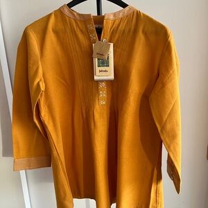 NWT Fabindia Womens Tunic Kurta Top Blouse Khadi Cotton Orange 🍊 Embroidered L